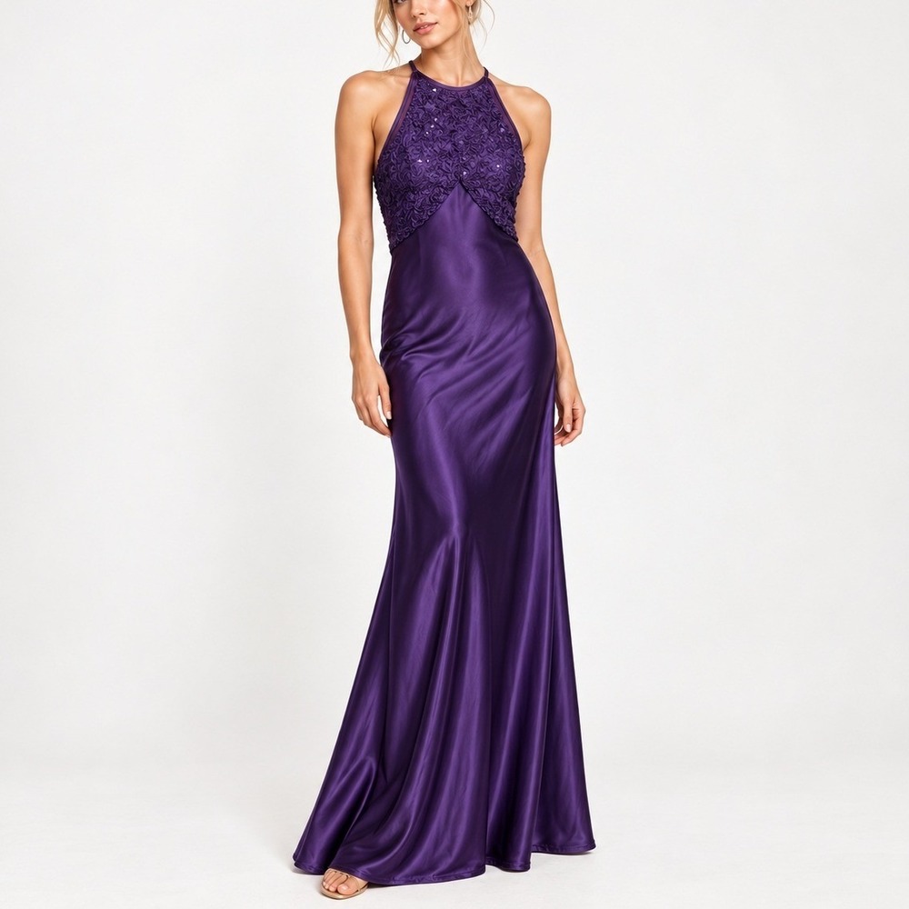 Morgan and Co Maxi Dress Women S Purple Sequin Halter Fairy Vtg Y2K HoCo READ
